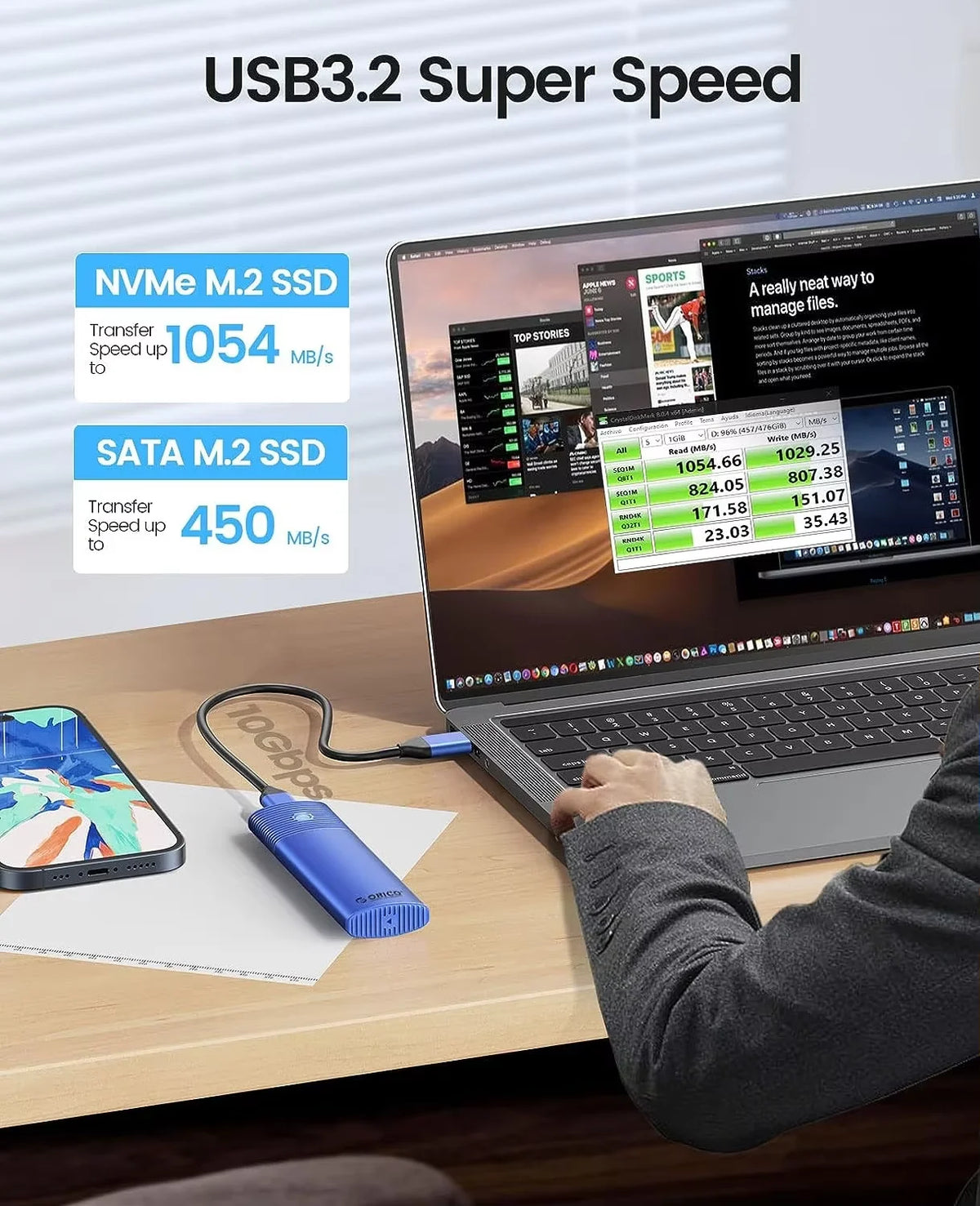 ORICO M.2 SSD-kabinett for NVMe/SATA – USB-C 10 Gbps, verktøyfri