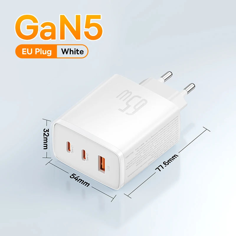 Baseus GaN5 65 W hurtiglader med tre porter