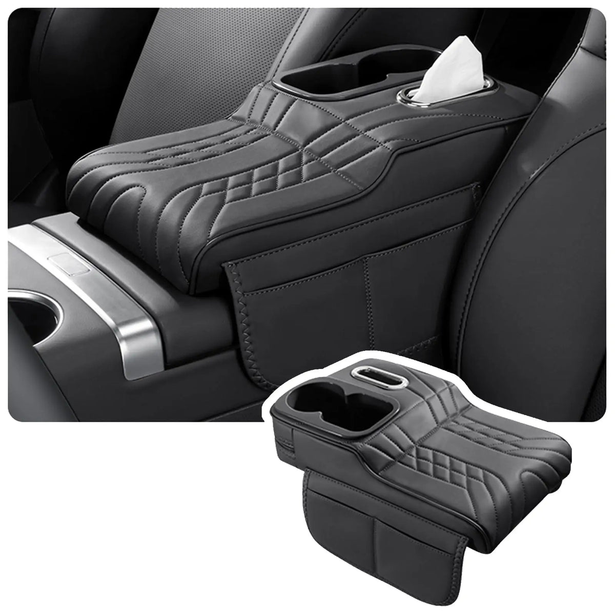 Multifunctional Car Armrest Cushion, Center Console Cover with Tissue Holder, Cup Slot and Side Pockets