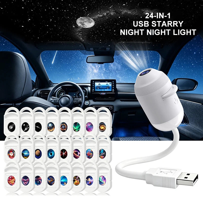 USB-stjernehimmelprojektor nattlys 360° justerbar galakseatmosfære-lampe for bilinteriør, hjem og soverom – romantisk nattlys