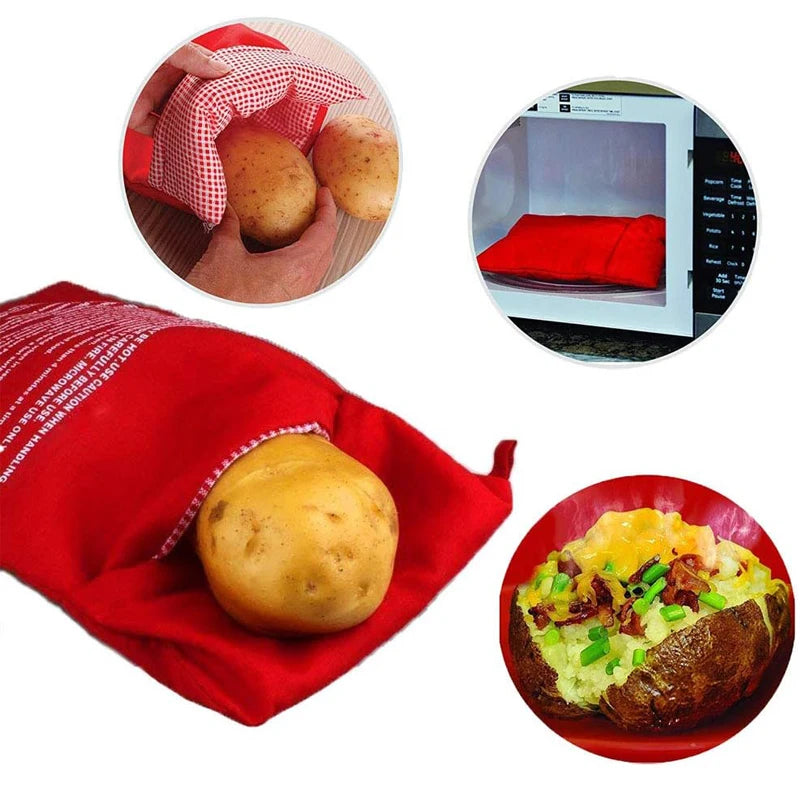 Mikrobølgeovn potetpose, gjenbrukbar, hurtigkoker for poteter, perfekt bakte poteter på 4 minutter, rød bakepose
