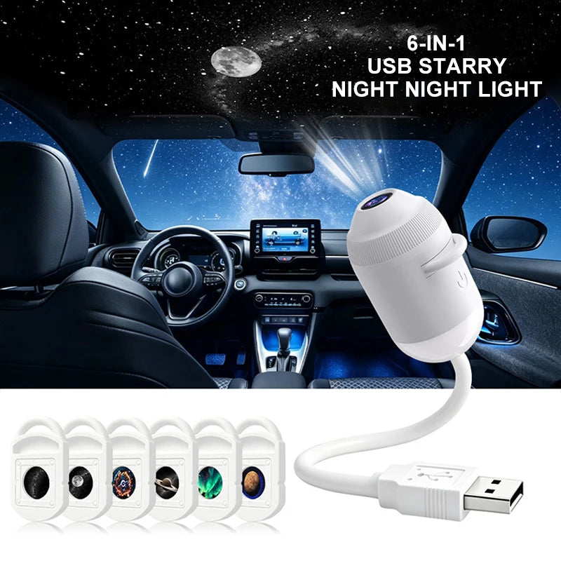 USB-stjernehimmelprojektor nattlys 360° justerbar galakseatmosfære-lampe for bilinteriør, hjem og soverom – romantisk nattlys