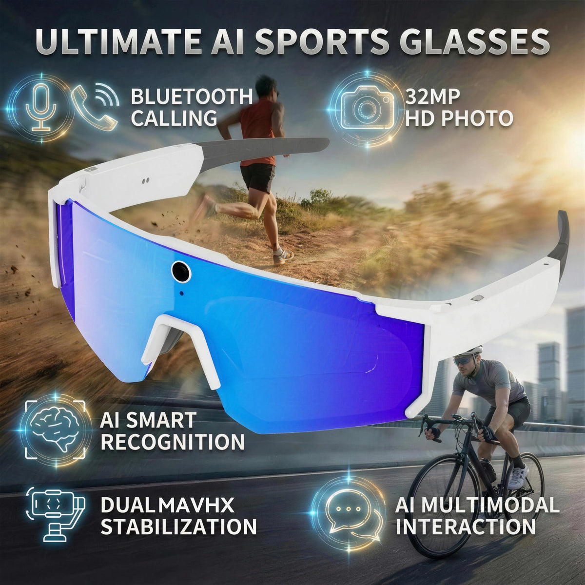 AI Voice Translate smarte briller med 1200P videokamera, Bluetooth, WiFi, bildestabilisering, polariserte linser – for kjøring og sport