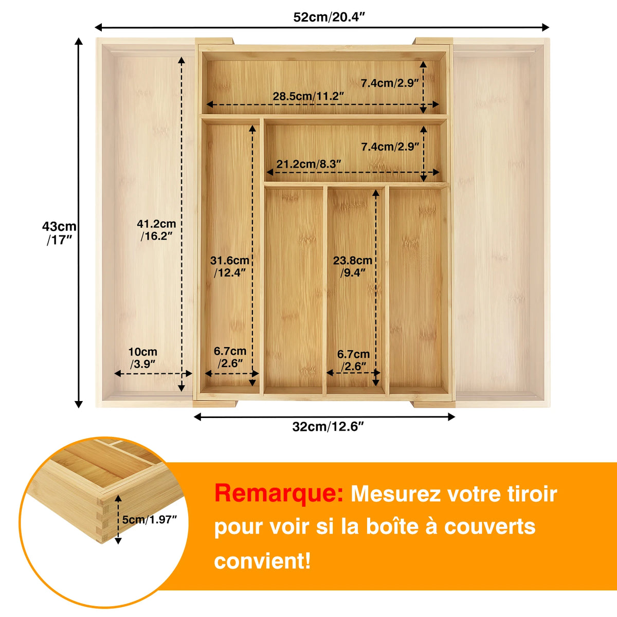 Uttrekkbar bestikkorganisator i bambus – 6–8 rom