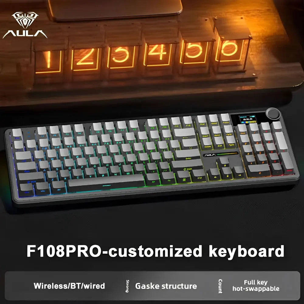 AULA F108 Pro gaming mekanisk tastatur, tremodus tilpassbart flertastskjerm RGB e-sport trådløst tastatur med TFT smartskjerm