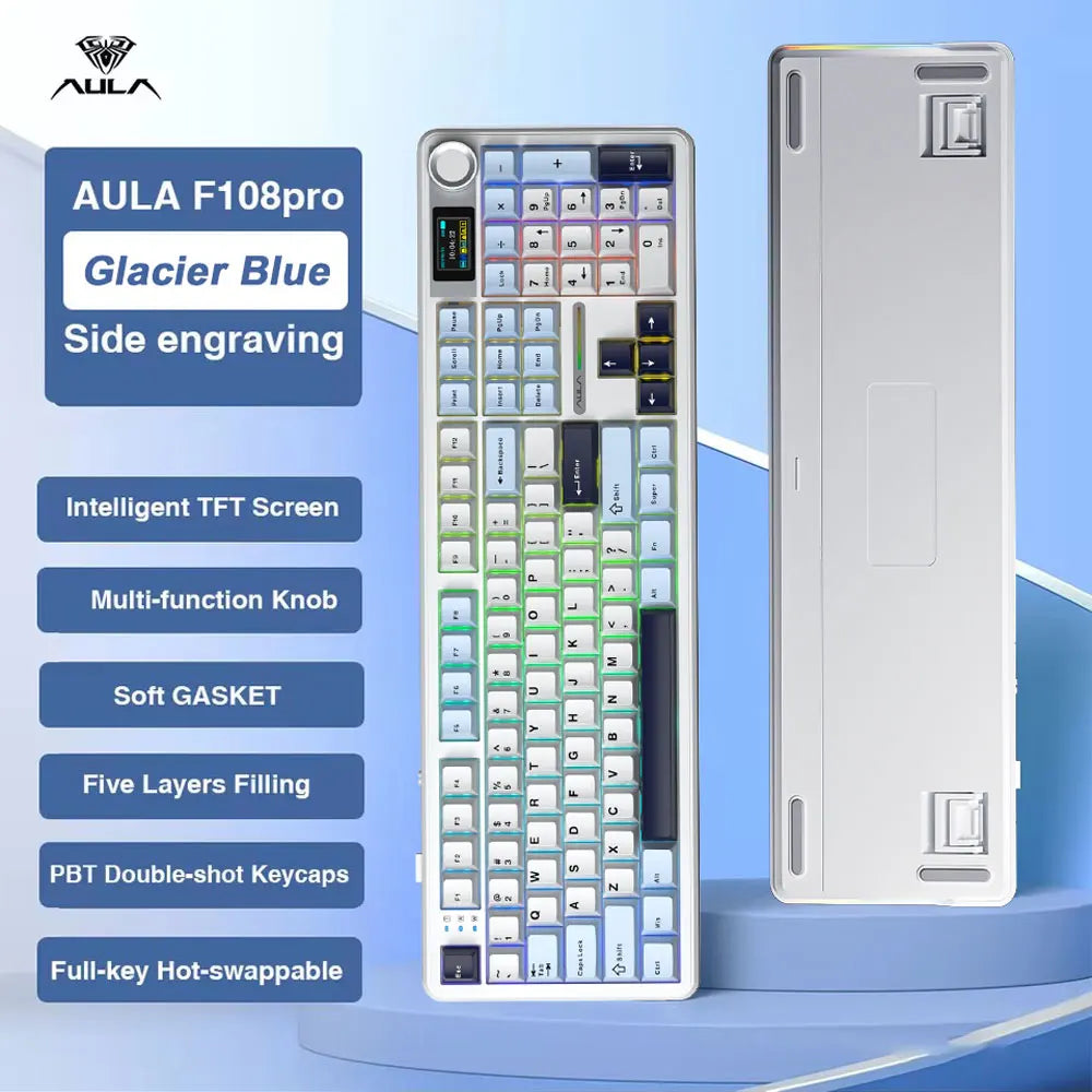 AULA F108 Pro gaming mekanisk tastatur, tremodus tilpassbart flertastskjerm RGB e-sport trådløst tastatur med TFT smartskjerm