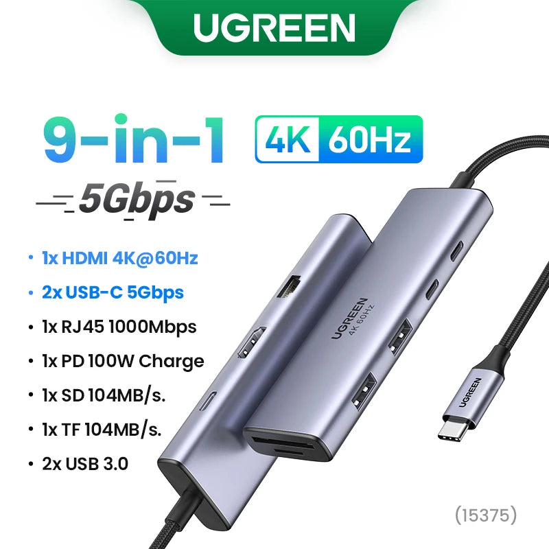 UGREEN 9-i-1 USB-C-hub med 4K HDMI, SD/TF, USB 3.0 og 100 W PD