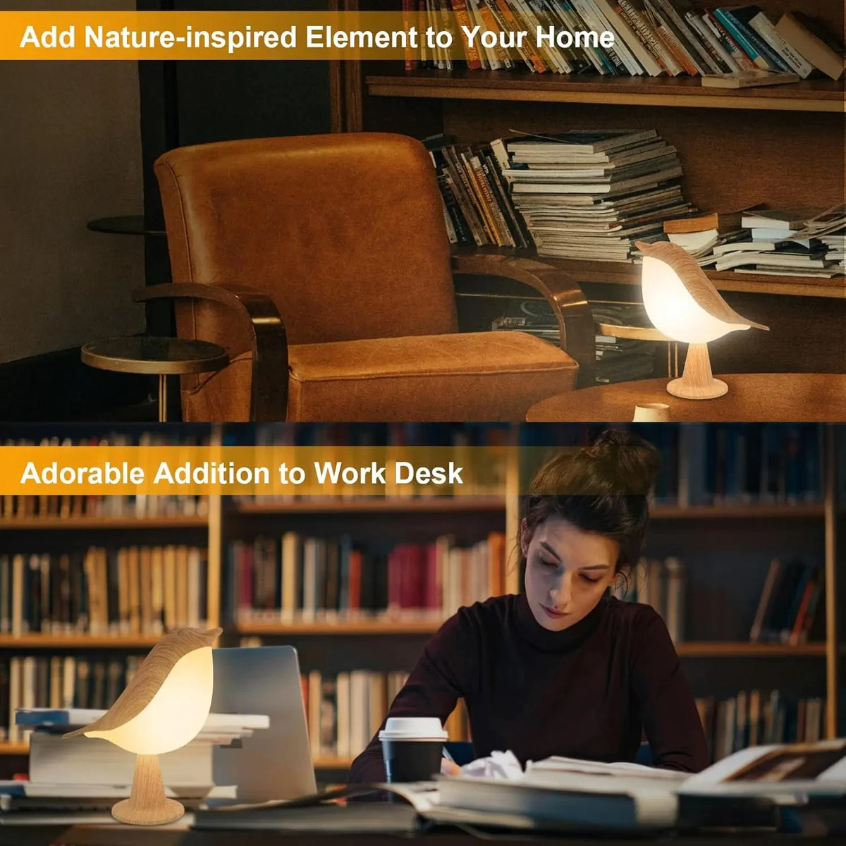 Liten skrivebordslampe, fuglelampe nattbordslamper med 3 fargetemperaturer og berøringssensor, trådløs lampe nattlampe til barn