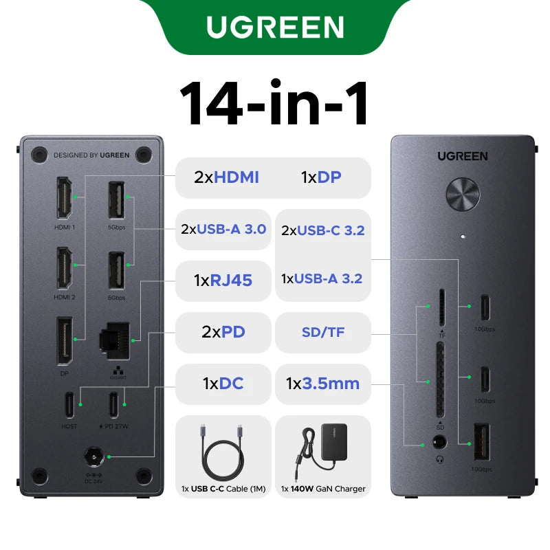 UGREEN 14-i-1 USB-C dokkingstasjon – 4K HDMI, DP, RJ45 og 100 W PD
