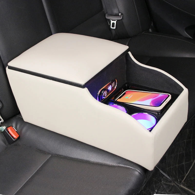 High-Quality Leather Car Rear Center Console Storage Armrest Box with Cup Holders Customizable for Various Models