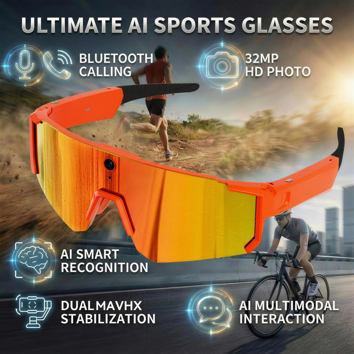 AI Voice Translate smarte briller med 1200P videokamera, Bluetooth, WiFi, bildestabilisering, polariserte linser – for kjøring og sport