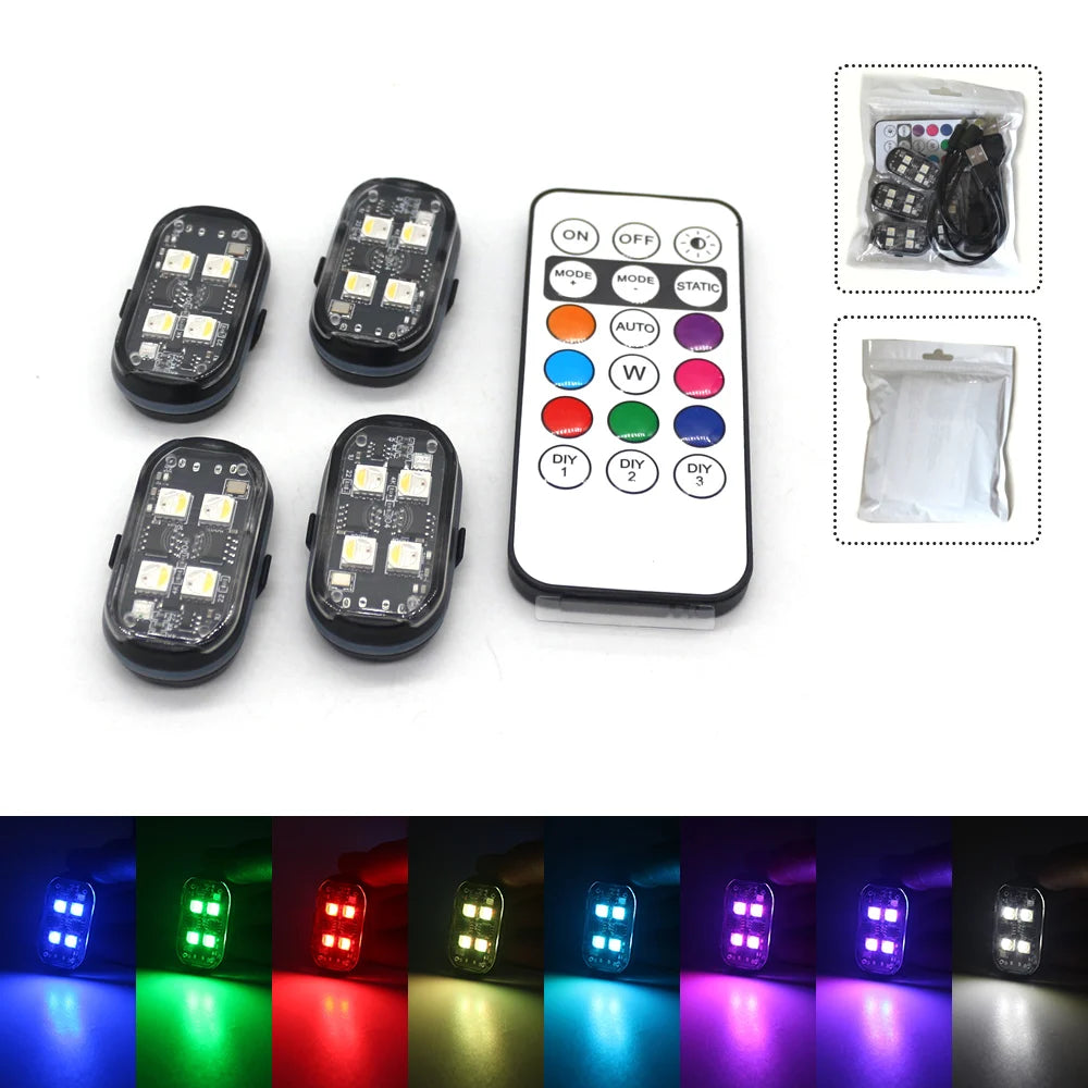 2/4 stk trådløse LED-strobelys Bil dekor atmosfærelys, 8 farger oppladbare LED-lys Antikollisjons-LED-varsellys
