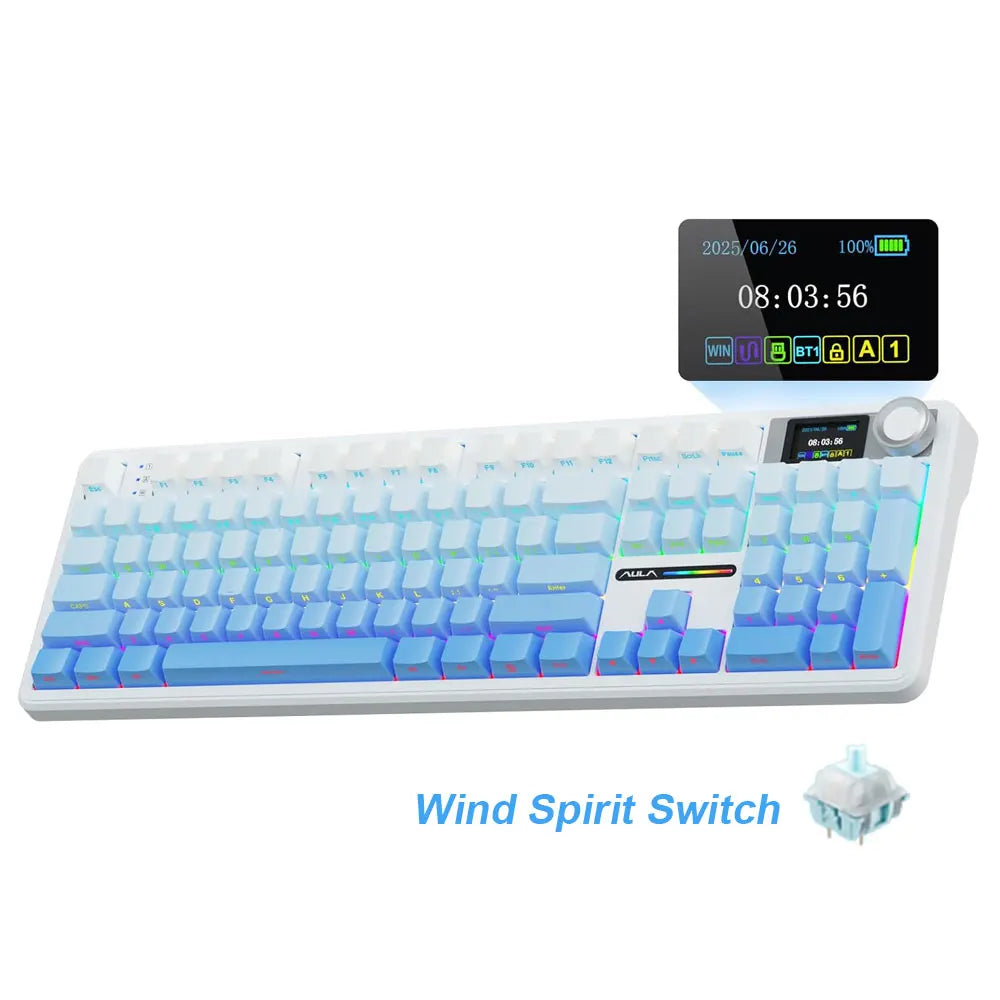 AULA F108 Pro gaming mekanisk tastatur, tremodus tilpassbart flertastskjerm RGB e-sport trådløst tastatur med TFT smartskjerm