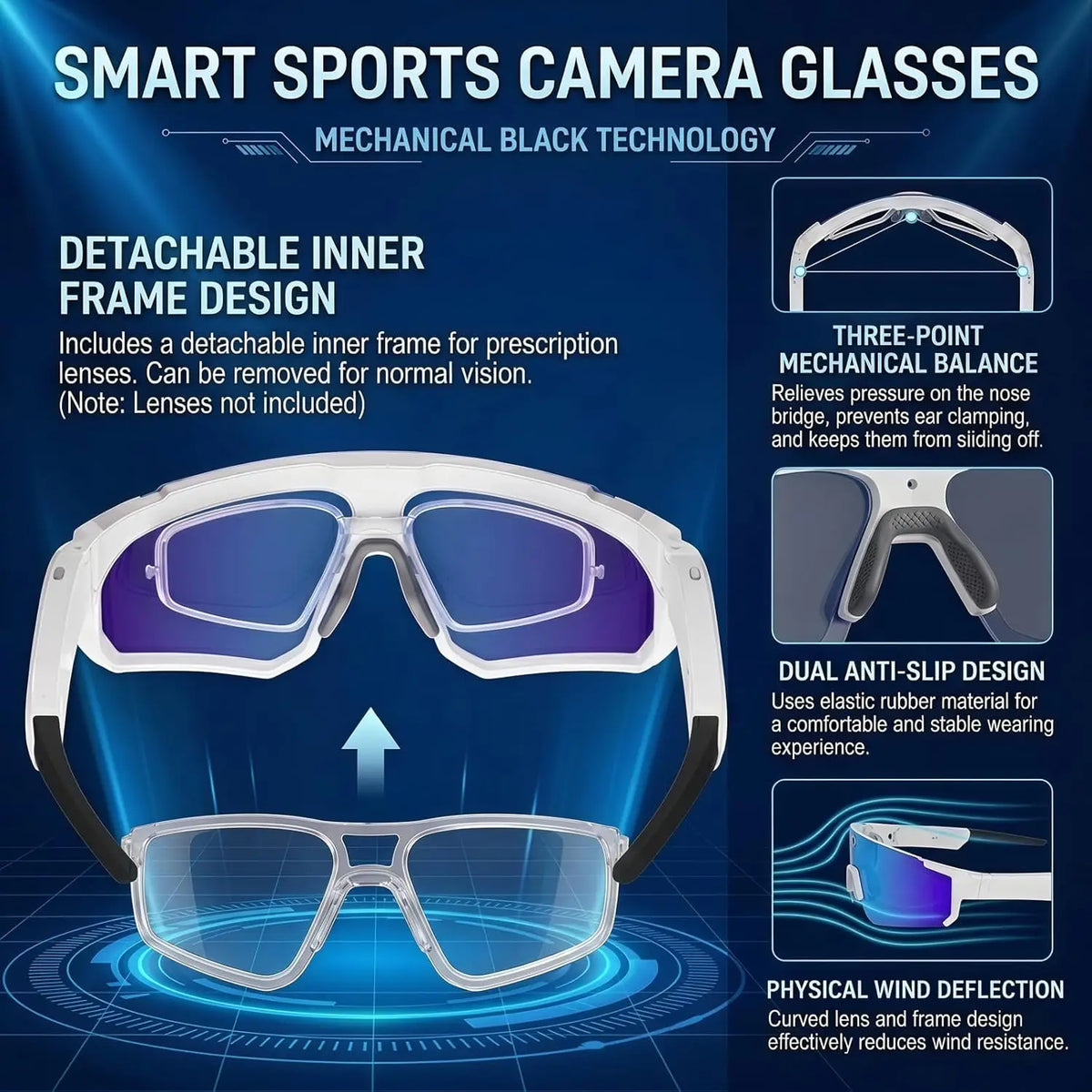 AI Voice Translate smarte briller med 1200P videokamera, Bluetooth, WiFi, bildestabilisering, polariserte linser – for kjøring og sport