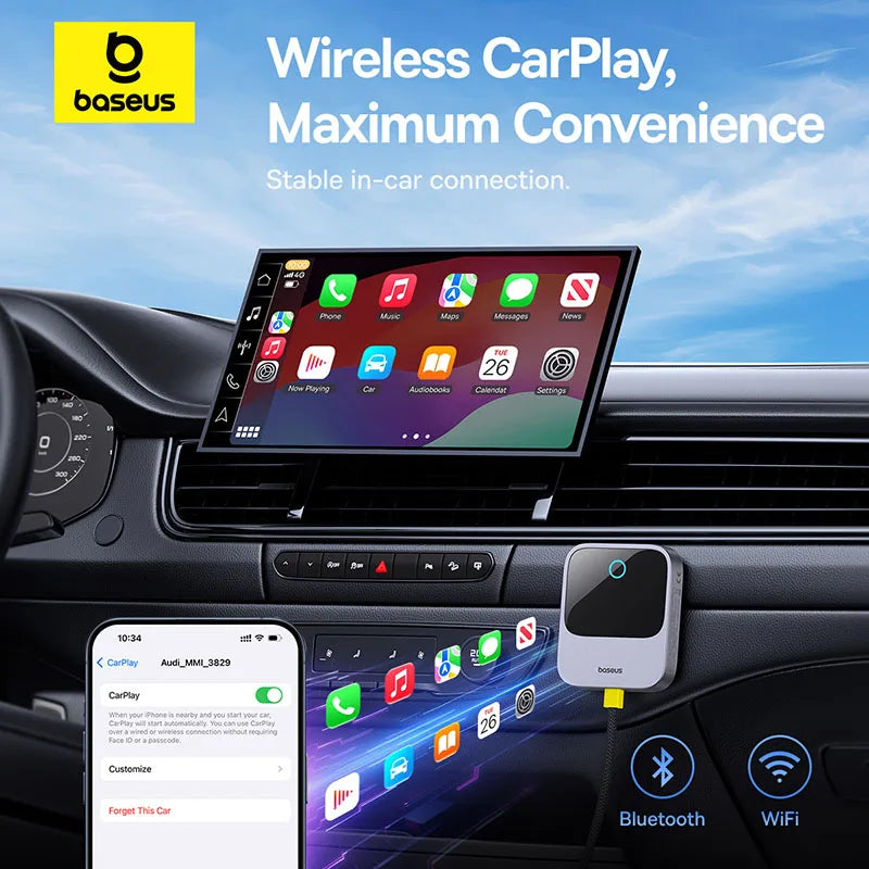 Baseus trådløs CarPlay – Kablet til trådløs CarPlay-adapter – Automatisk tilkobling – Bilens intelligente systemer – Plug & Play – Bluetooth Smart CarPlay