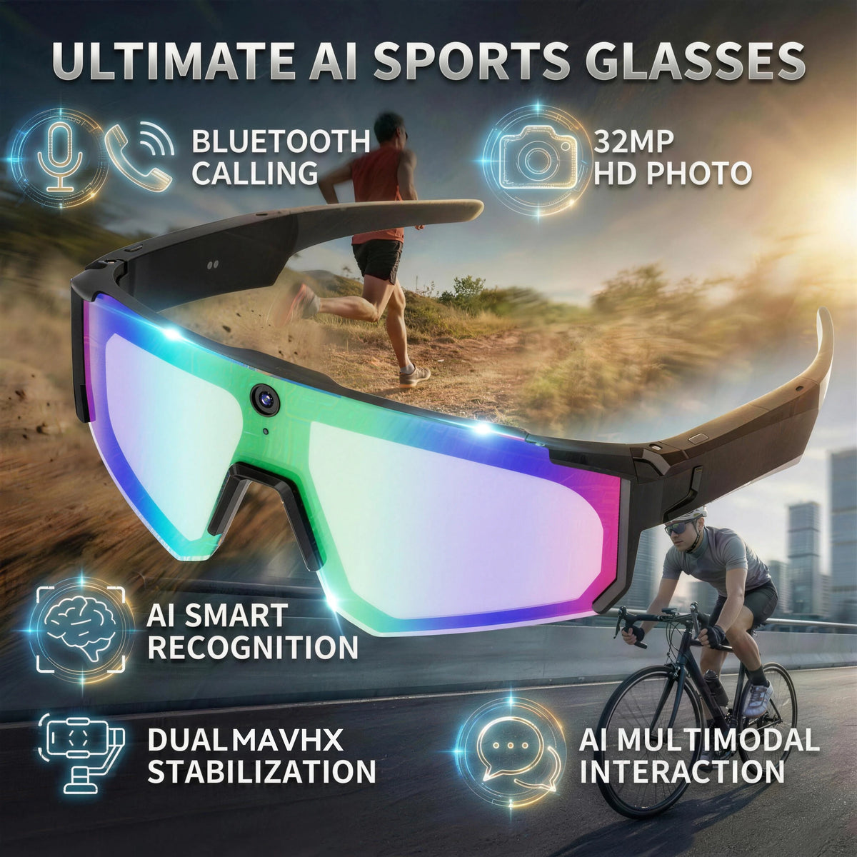 AI Voice Translate smarte briller med 1200P videokamera, Bluetooth, WiFi, bildestabilisering, polariserte linser – for kjøring og sport