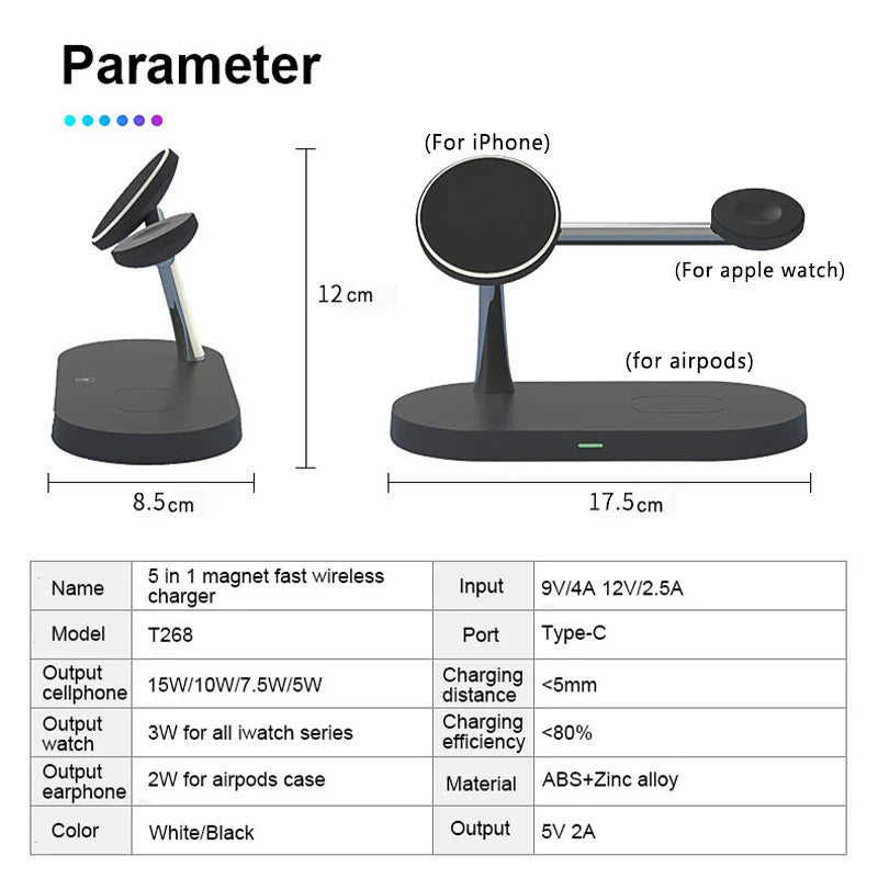 TIMESS 3-i-1 magnetisk ladestasjon for iPhone, Watch og AirPods