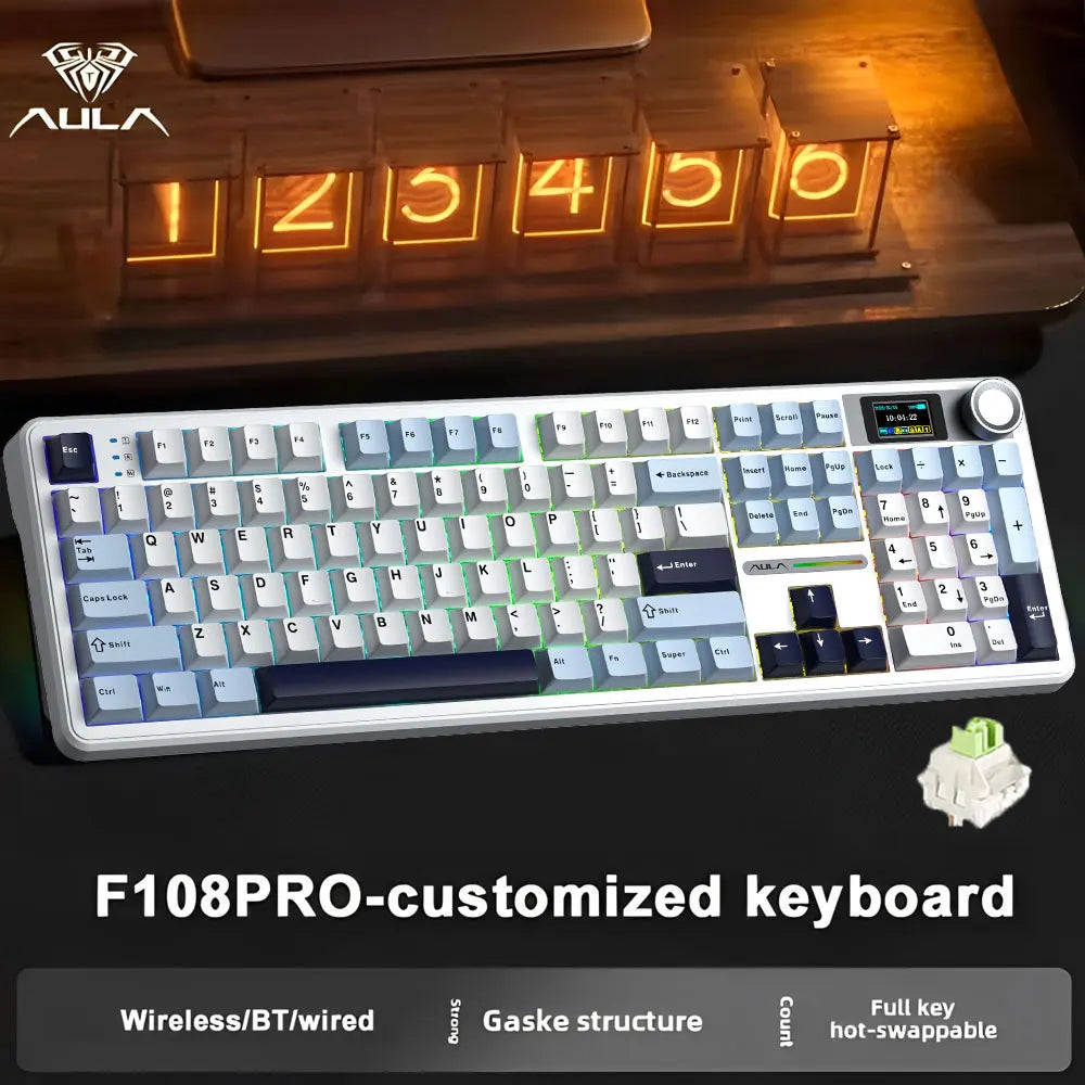 AULA F108 Pro gaming mekanisk tastatur, tremodus tilpassbart flertastskjerm RGB e-sport trådløst tastatur med TFT smartskjerm
