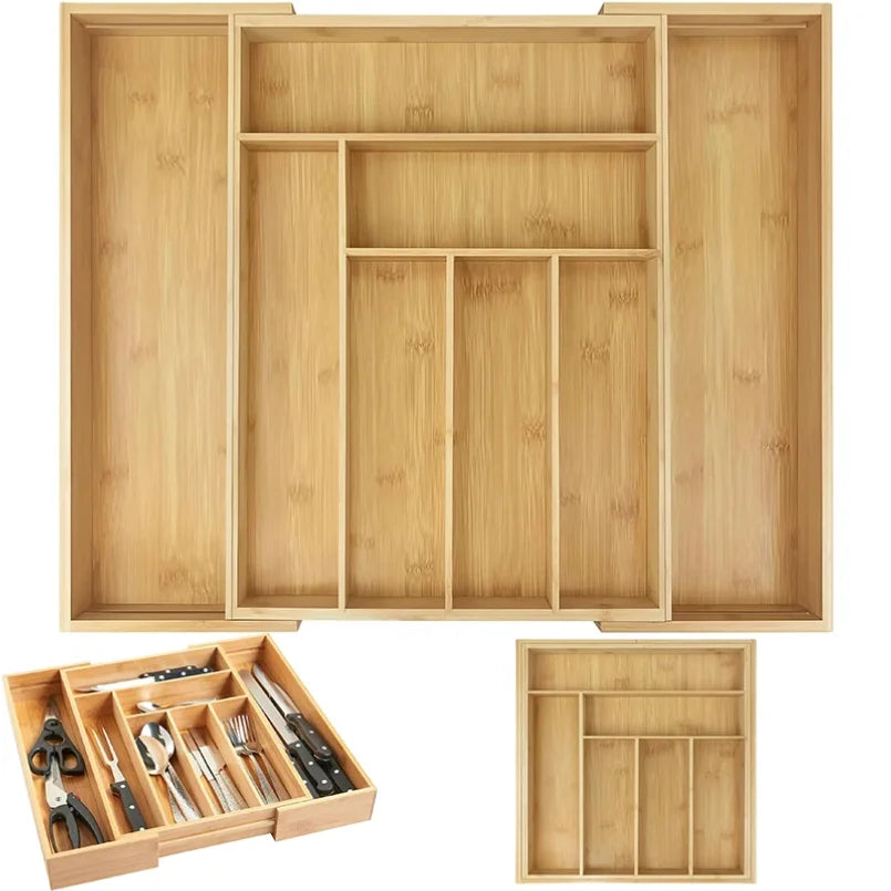 Uttrekkbar bestikkorganisator i bambus – 6–8 rom
