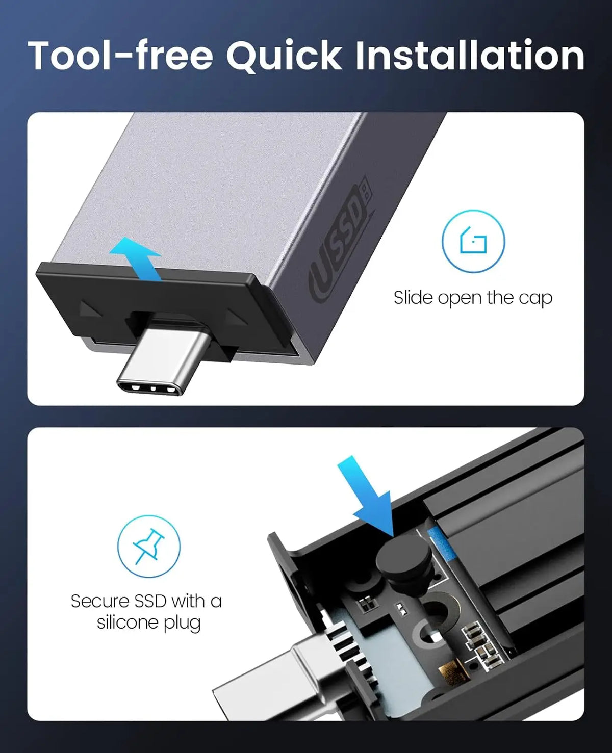 ORICO M.2 SSD-kabinett for NVMe/SATA – USB-C 10 Gbps, verktøyfri