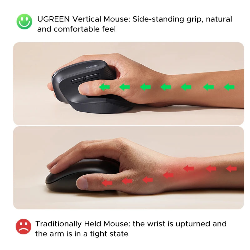 UGREEN Vertikal Trådløs Mus 2.4G Ergonomisk 4000DPI 6 Lydløse Knapper for MacBook Nettbrett Bærbare PC-er Datamus Svart Rosa