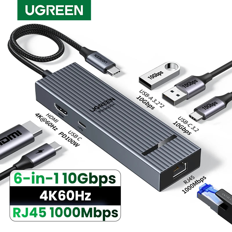 UGREEN 6-i-1 USB-C-hub med 4K 60Hz HDMI, Gigabit Ethernet og 100 W PD