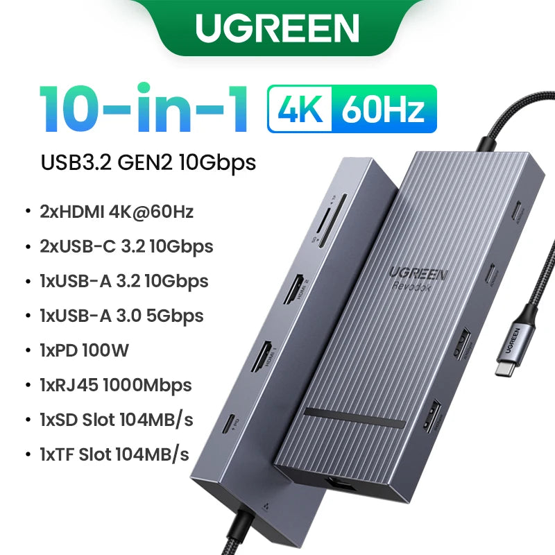 UGREEN 12-i-1 USB-C-hub – 2× HDMI, DP, 10 Gbps, RJ45 og 100 W PD