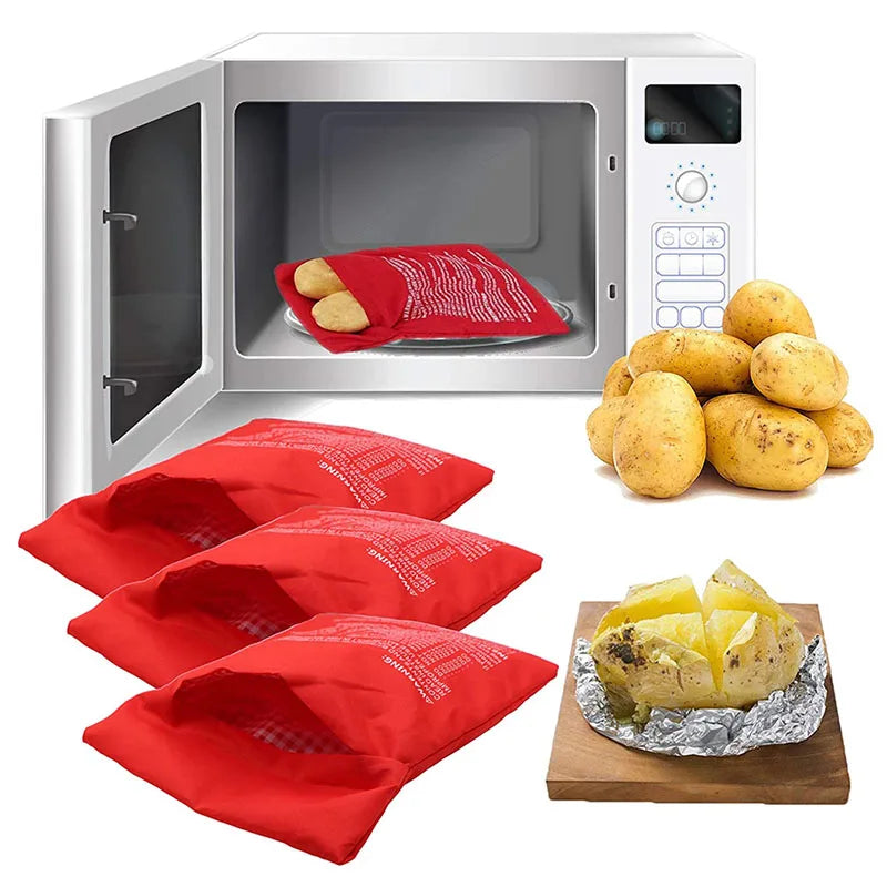 Mikrobølgeovn potetpose, gjenbrukbar, hurtigkoker for poteter, perfekt bakte poteter på 4 minutter, rød bakepose