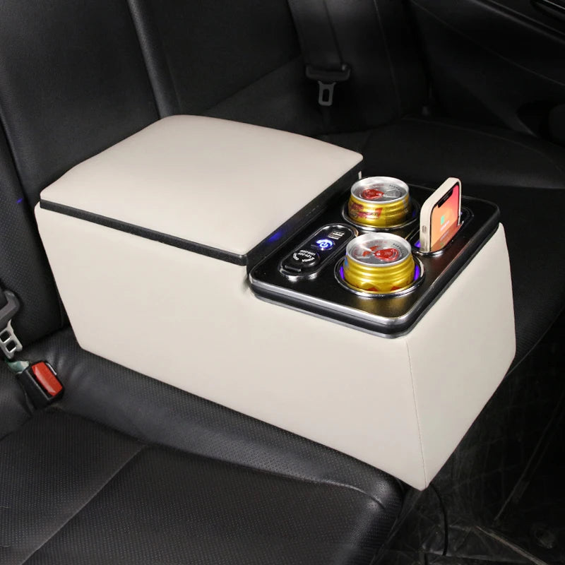 High-Quality Leather Car Rear Center Console Storage Armrest Box with Cup Holders Customizable for Various Models