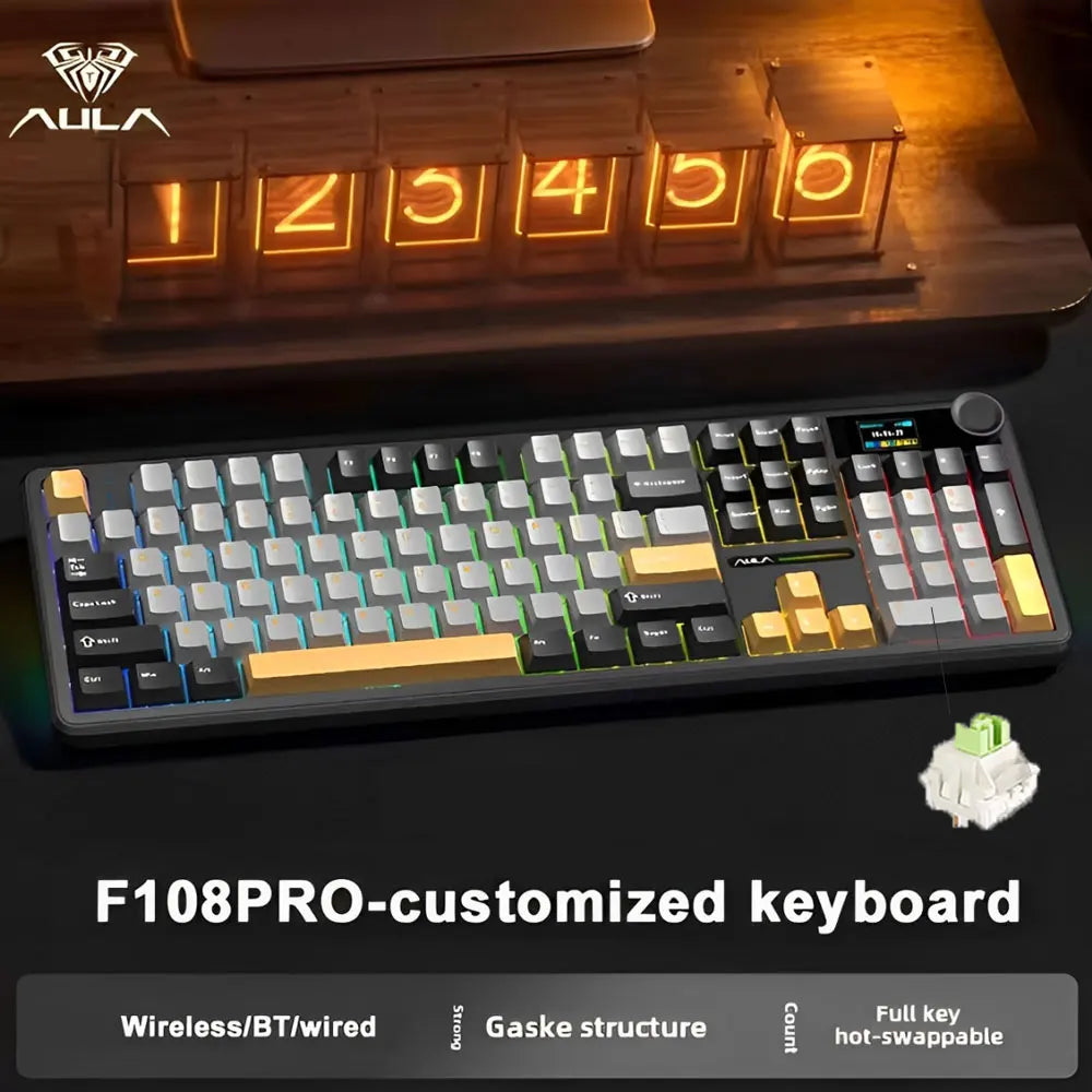 AULA F108 Pro gaming mekanisk tastatur, tremodus tilpassbart flertastskjerm RGB e-sport trådløst tastatur med TFT smartskjerm