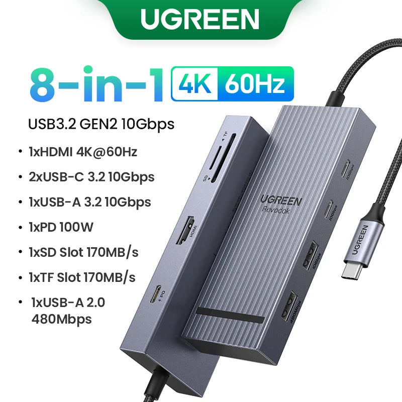UGREEN 12-i-1 USB-C-hub – 2× HDMI, DP, 10 Gbps, RJ45 og 100 W PD