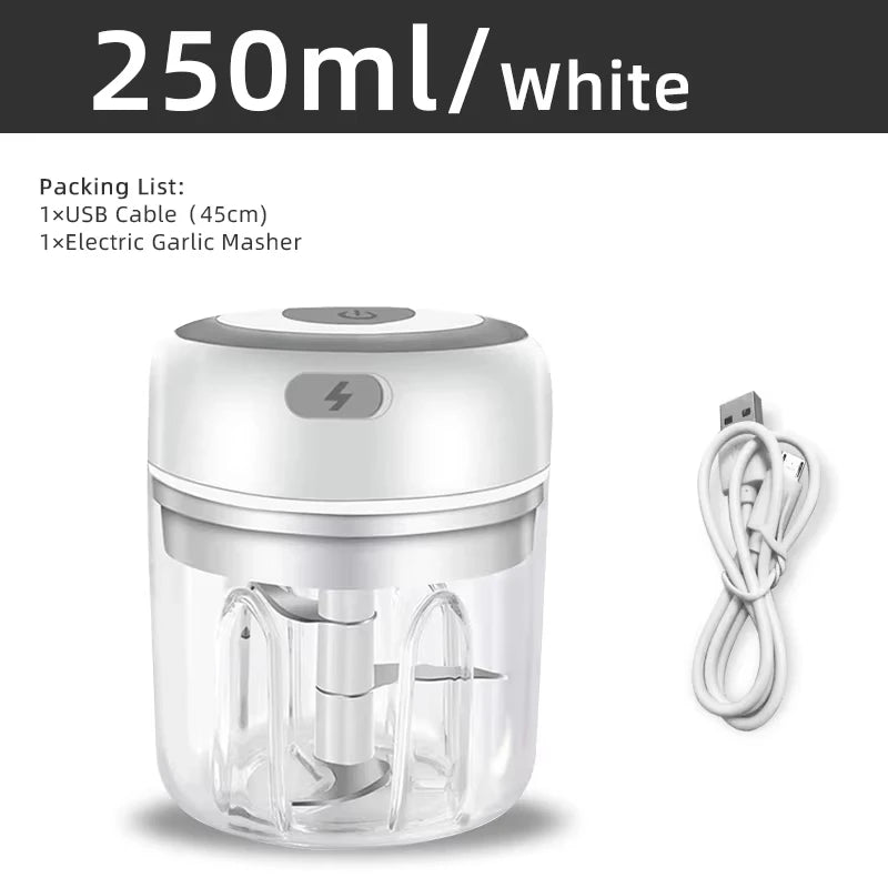 Elektrisk hvitløkhakker 250 ML grønnsakskutter matprosessor, USB mini hvitløkhakker, løkhakker bærbar liten matprosessor