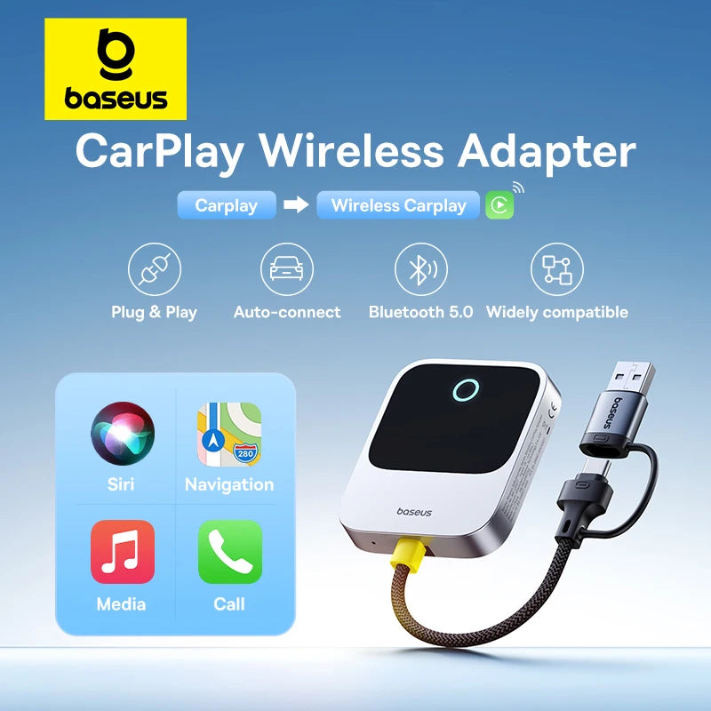 Baseus trådløs CarPlay – Kablet til trådløs CarPlay-adapter – Automatisk tilkobling – Bilens intelligente systemer – Plug & Play – Bluetooth Smart CarPlay