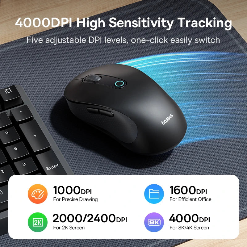 Baseus F02 Trådløs mus Bluetooth 5.2 2.4G 4000DPI Ergonomisk med 7 lydløse knapper for iPad MacBook Nettbrett Bærbar PC Datamus