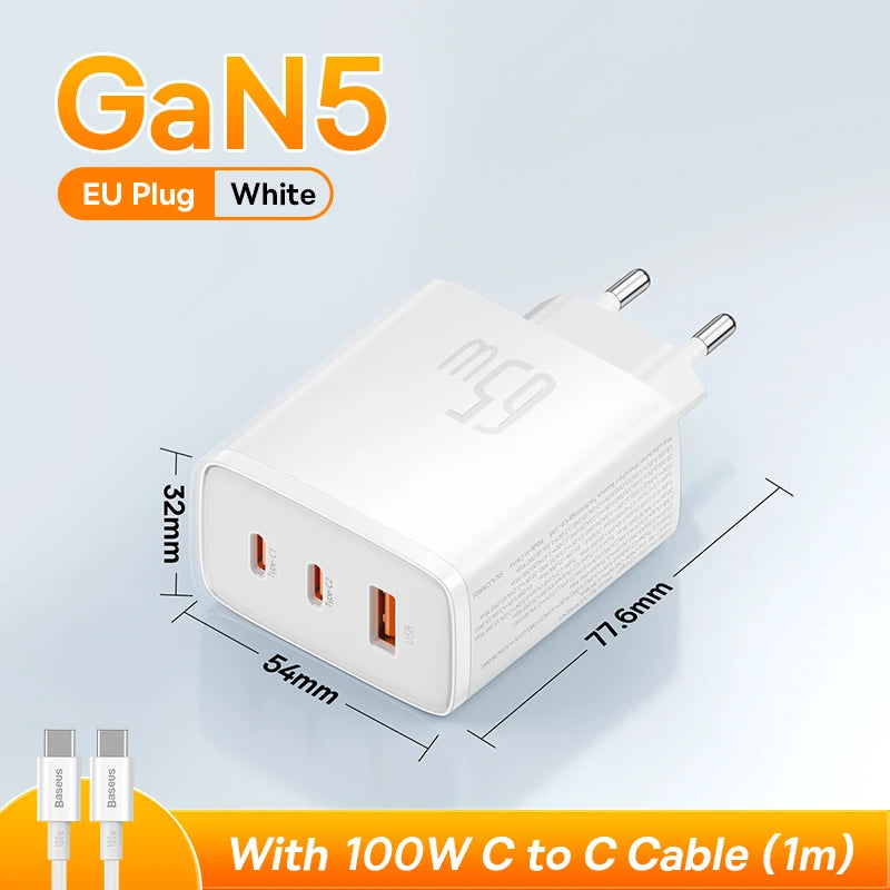 Baseus GaN5 65 W hurtiglader med tre porter
