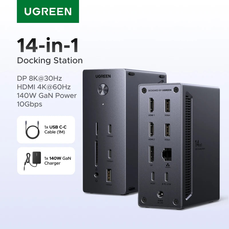 UGREEN 14-i-1 USB-C dokkingstasjon – 4K HDMI, DP, RJ45 og 100 W PD