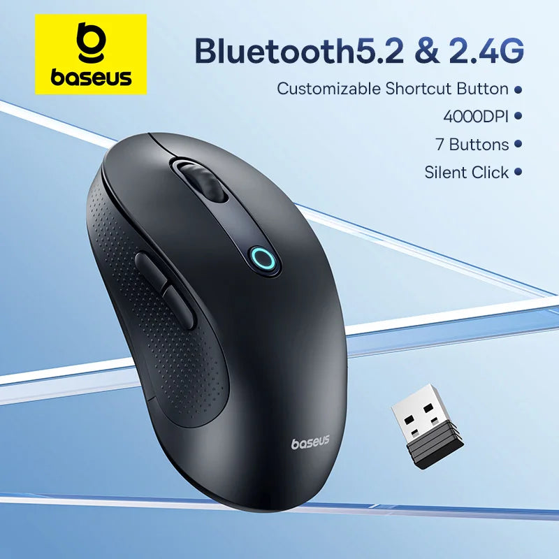 Baseus F02 Trådløs mus Bluetooth 5.2 2.4G 4000DPI Ergonomisk med 7 lydløse knapper for iPad MacBook Nettbrett Bærbar PC Datamus