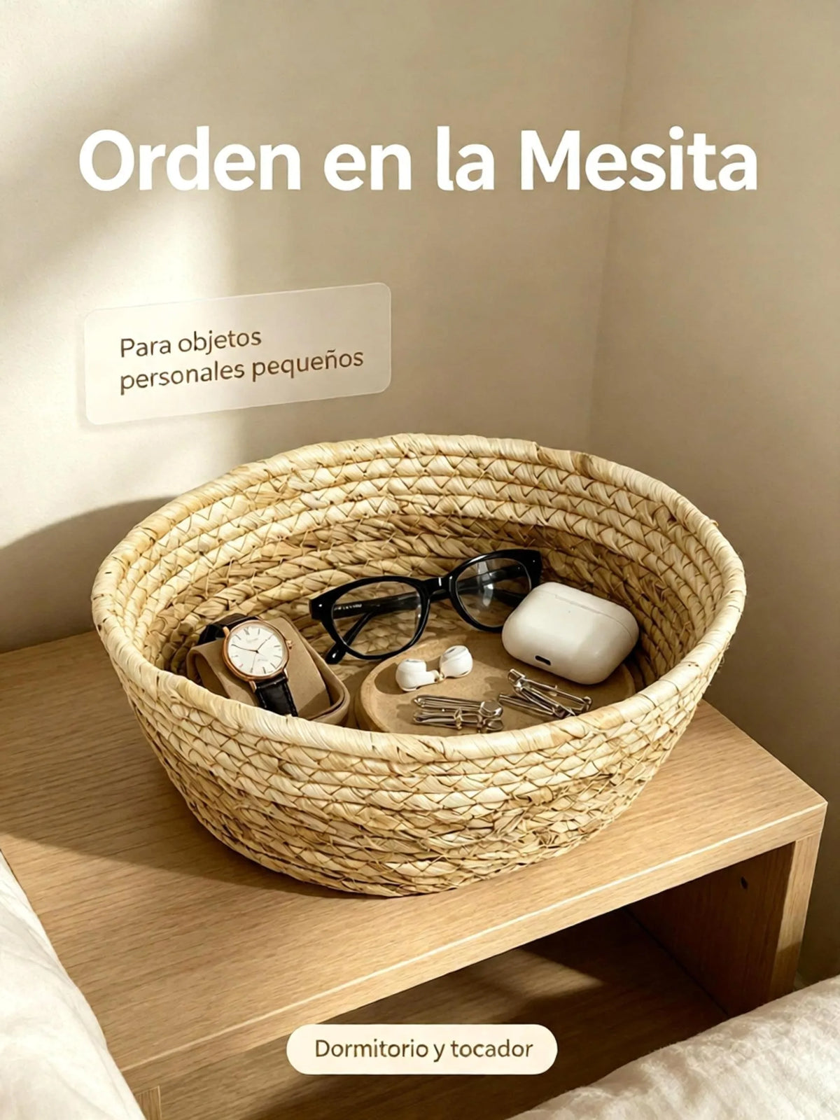 Rund oppbevaringskurv i naturvevd strå, skrivebords- og nattbordsorganisering for smykker, kosmetikk og nøkler, 24x24x8cm Håndlaget dekorativ kurv