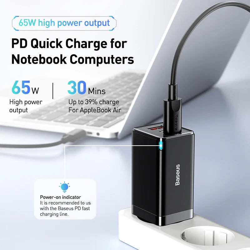 Baseus GaN3 Pro 65 W reiselader med USB-C-kabel