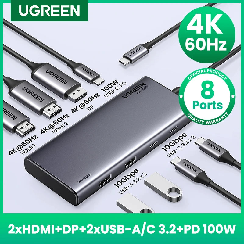 UGREEN USB-C Hub 8-i-1 – 4K HDMI, DP, USB 3.2 og 100 W PD