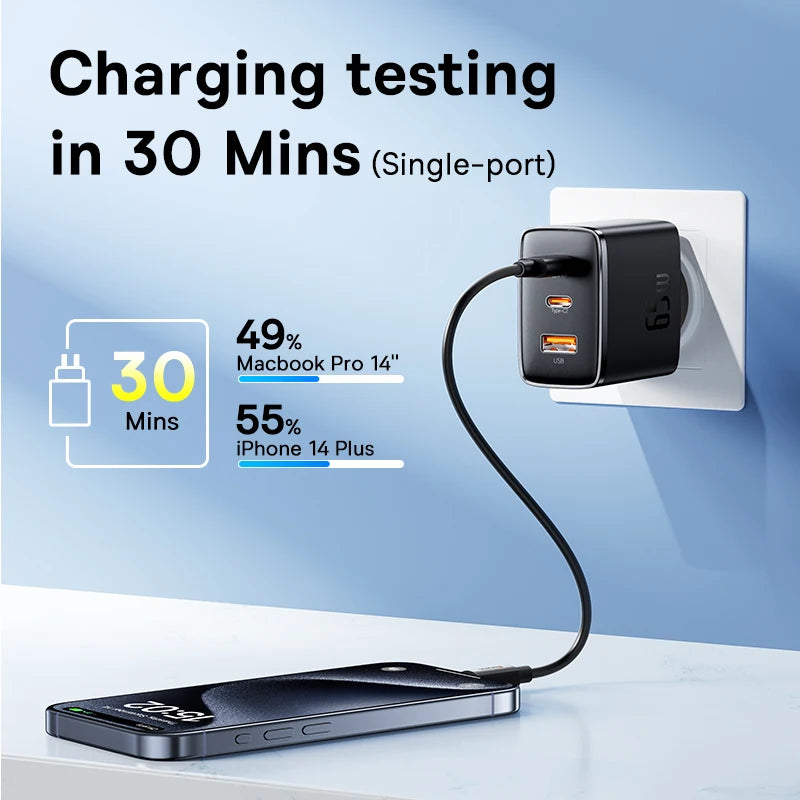 Baseus GaN5 65 W hurtiglader med tre porter