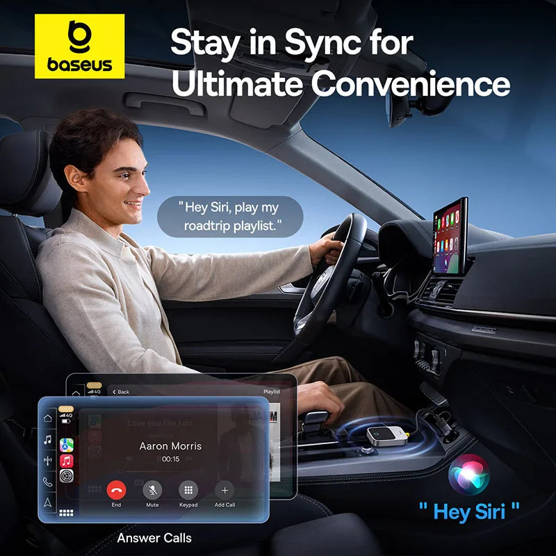 Baseus trådløs CarPlay – Kablet til trådløs CarPlay-adapter – Automatisk tilkobling – Bilens intelligente systemer – Plug & Play – Bluetooth Smart CarPlay