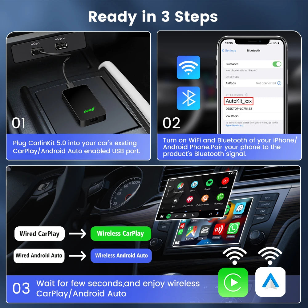 2026 CarlinKit 5.0 2Air trådløs Android Auto-boks bærbar CarPlay trådløs dongel for bilradio med kablet CarPlay/Android Auto