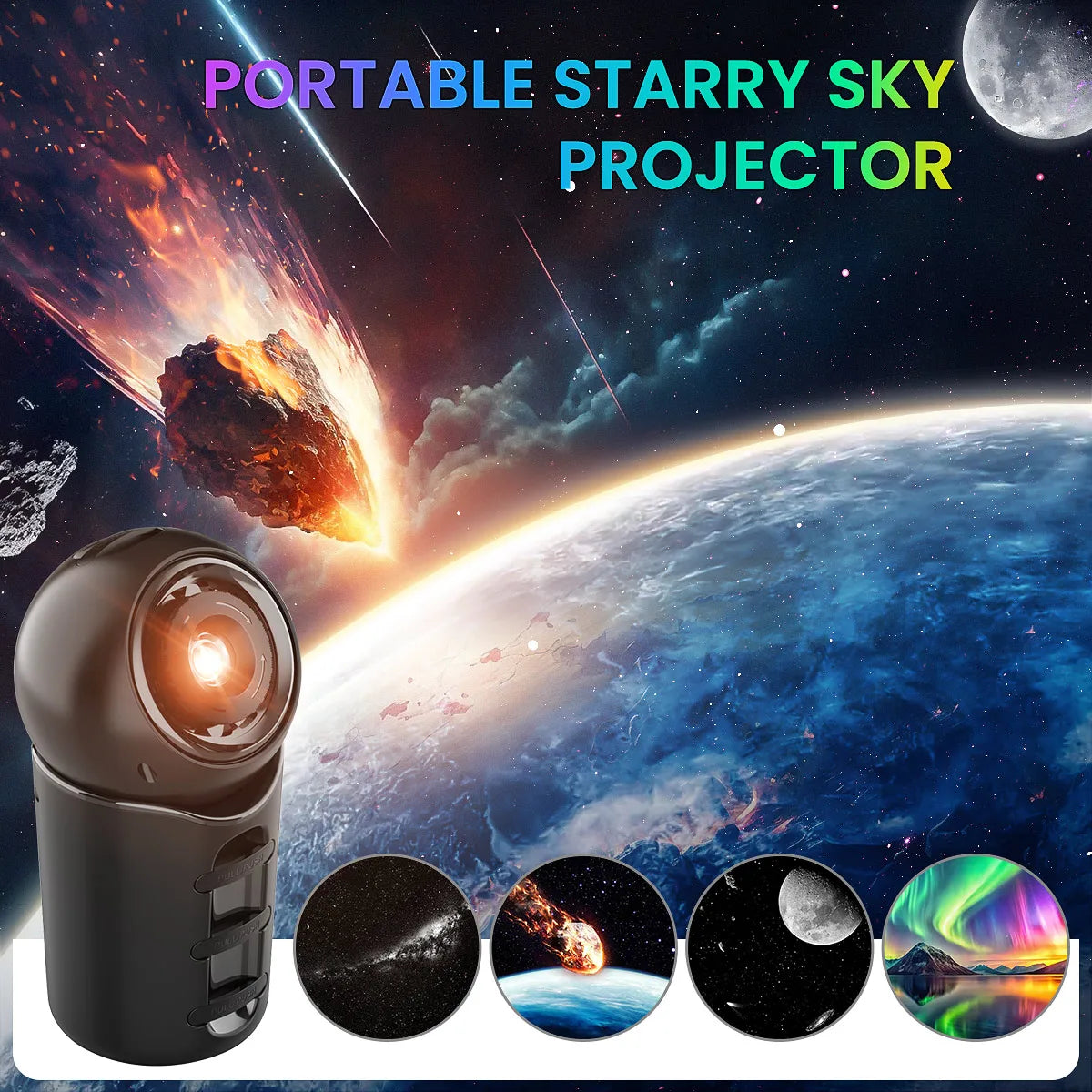 Oppladbar bærbar Galaxy lysprojektor, 4 HD-filmdisker og nattlysprojektor med justerbar fokuslinse