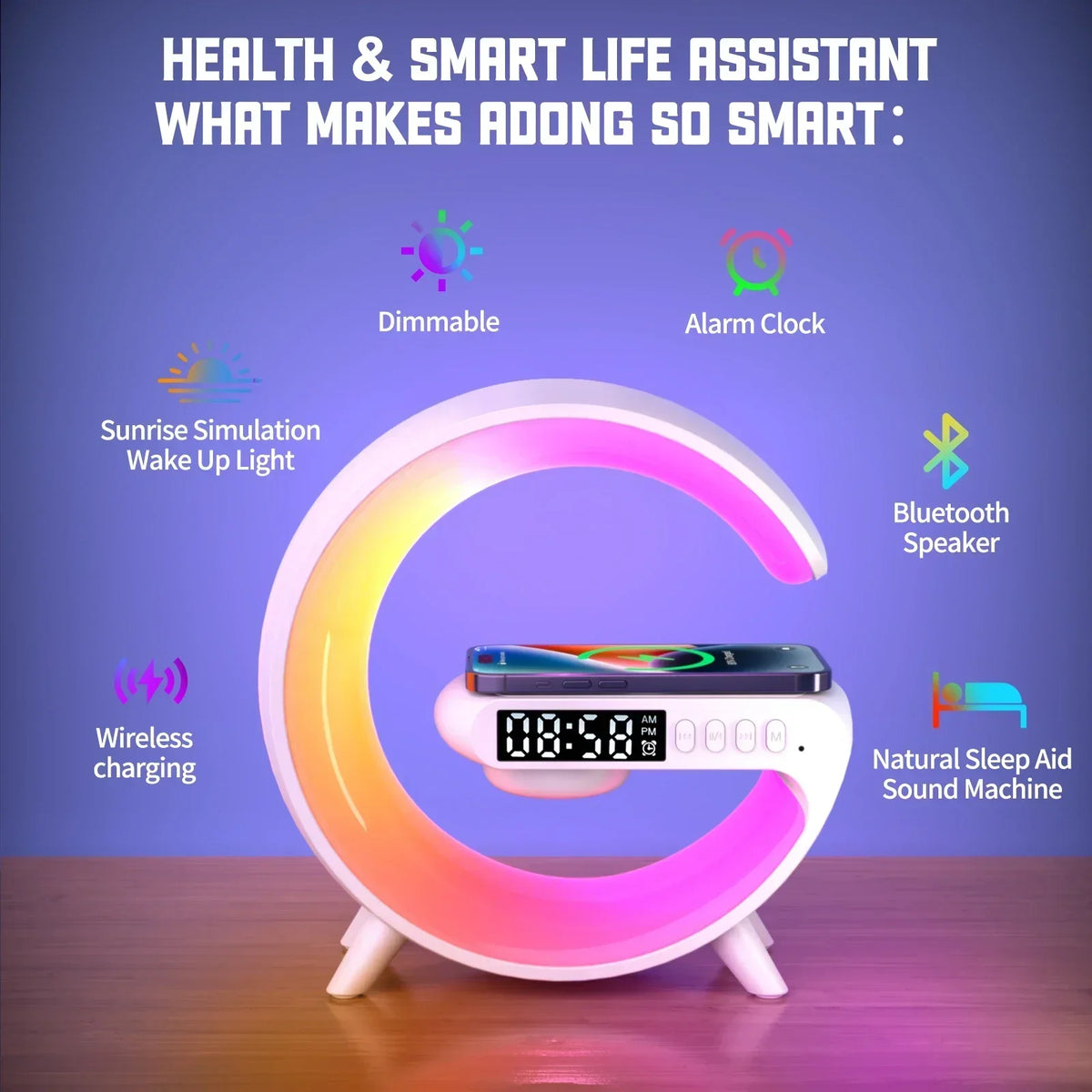 LumaBeat™ Smart G-form LED-lampe med Bluetooth-høyttaler og trådløs lading