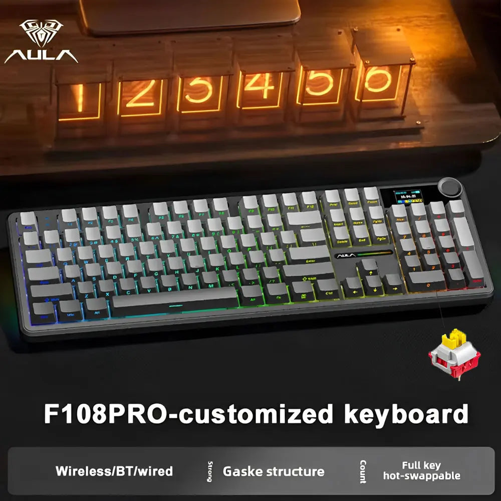 AULA F108 Pro gaming mekanisk tastatur, tremodus tilpassbart flertastskjerm RGB e-sport trådløst tastatur med TFT smartskjerm