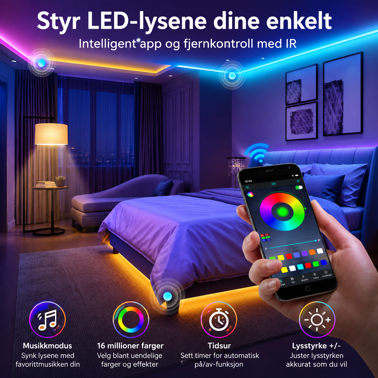 5-20m LED RGB lyslist, 44-tasters fjernkontroll + app-styring, musikksynkronisering, lavspent USB 5V tape-lys for hjem- og TV-dekorasjon