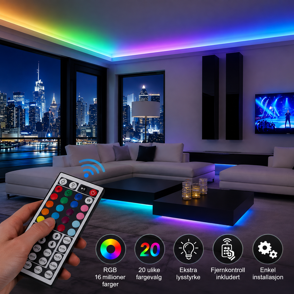 5-20m LED RGB lyslist, 44-tasters fjernkontroll + app-styring, musikksynkronisering, lavspent USB 5V tape-lys for hjem- og TV-dekorasjon