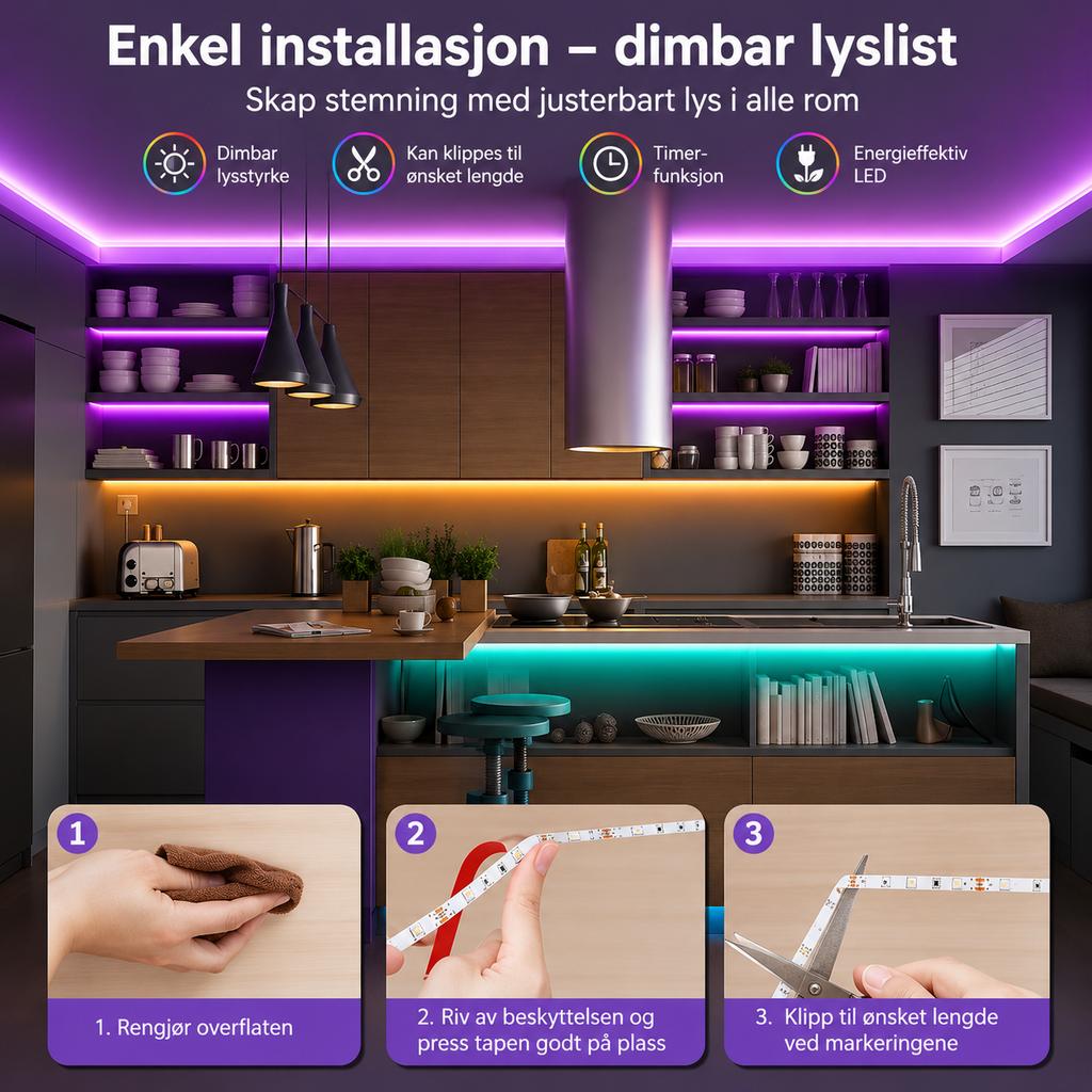 5-20m LED RGB lyslist, 44-tasters fjernkontroll + app-styring, musikksynkronisering, lavspent USB 5V tape-lys for hjem- og TV-dekorasjon