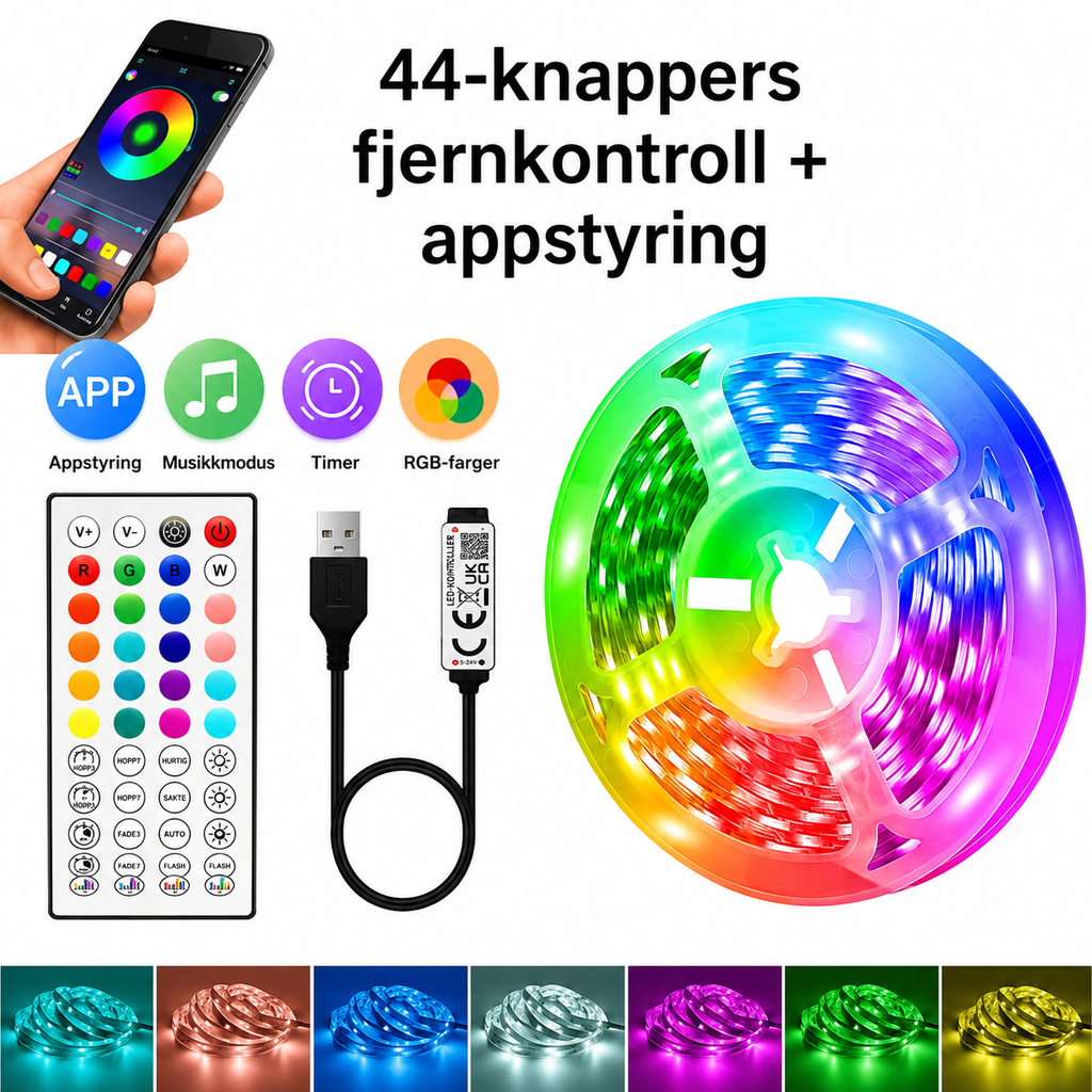 5-20m LED RGB lyslist, 44-tasters fjernkontroll + app-styring, musikksynkronisering, lavspent USB 5V tape-lys for hjem- og TV-dekorasjon